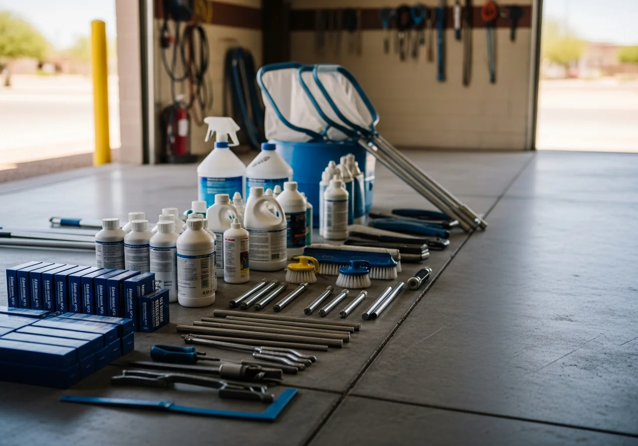 Pool service equipment and tools arranged on a work surface, ready for maintenance and repair jobs.
