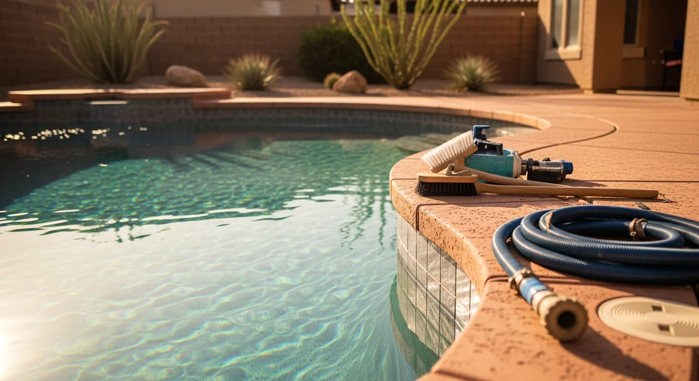 Pool technician performing acid wash cleaning on pool surface
