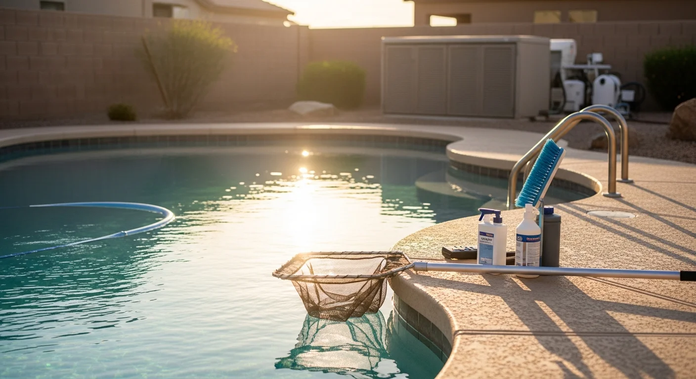 Pool technician performing weekly maintenance on residential pool