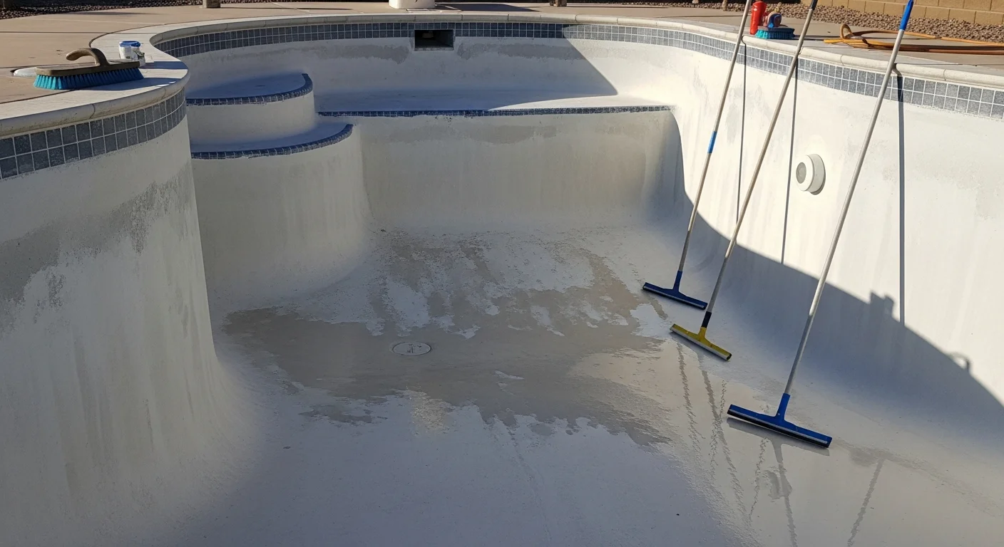 A freshly acid-washed residential pool in Goodyear, AZ showing a clean, bright white plaster surface with no visible staining or algae. A pool technician in safety gear rinses the interior walls of the empty pool on a sunny desert day.