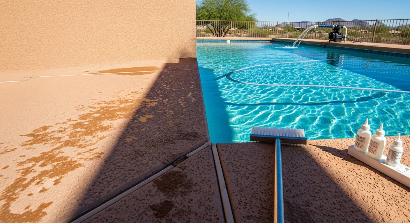 A Goodyear backyard swimming pool with clear blue water after professional algae removal service, showing clean walls and a visible pool floor. A pool technician's brush and vacuum equipment rest at the pool edge following treatment.
