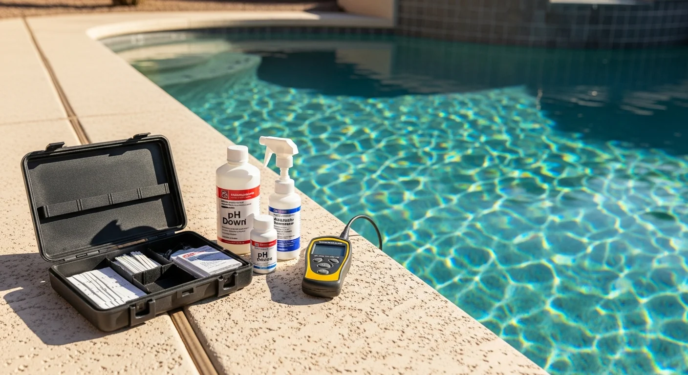 A clear, blue residential pool in a Goodyear backyard with a pool care technician testing water chemistry using a professional on-site kit. The image shows the chemical balancing process in a sunny Arizona outdoor setting.