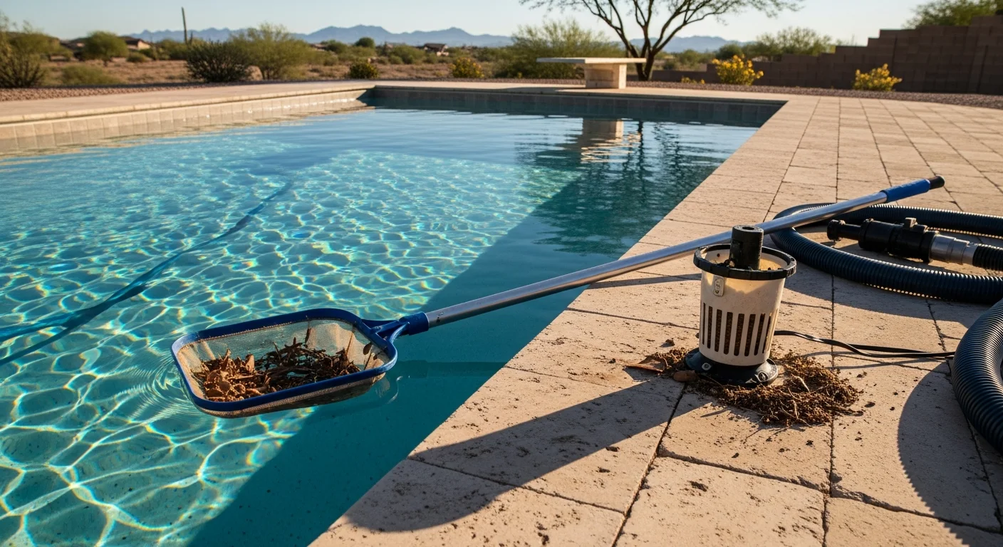 A clean backyard pool in Goodyear, Arizona with clear water and empty skimmer baskets after a professional debris removal service. A pool technician nets the last of the surface debris from the water on a sunny desert afternoon.