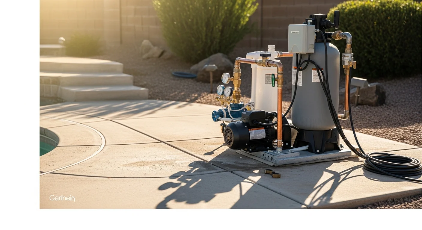 A newly installed pool pump and filter system on a concrete equipment pad in a Goodyear, Arizona backyard. The surrounding area shows a clear blue pool under bright desert sunlight.