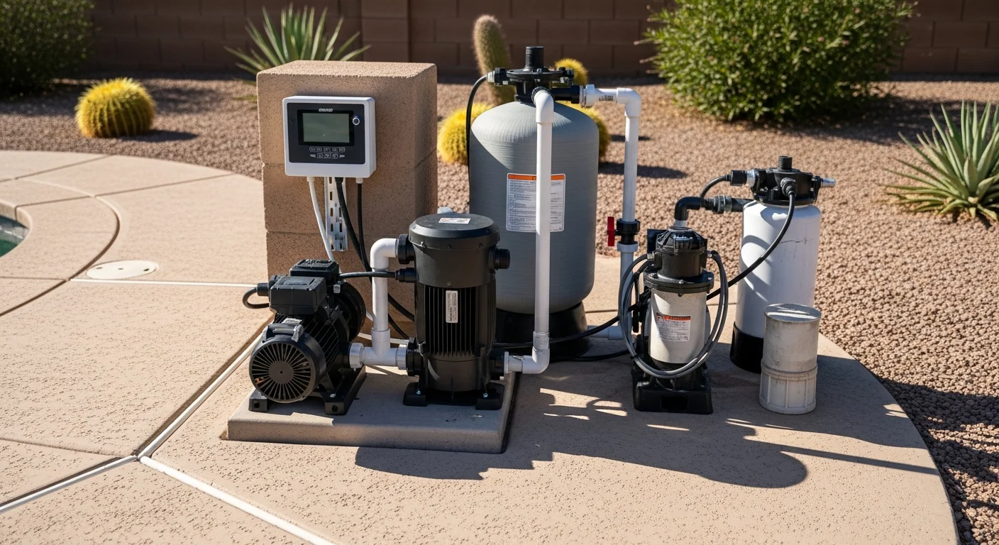 A residential pool equipment pad in Goodyear, Arizona showing a newly installed variable-speed pump, filtration system, and automation control panel. The setup sits beside a backyard pool under clear desert sky.