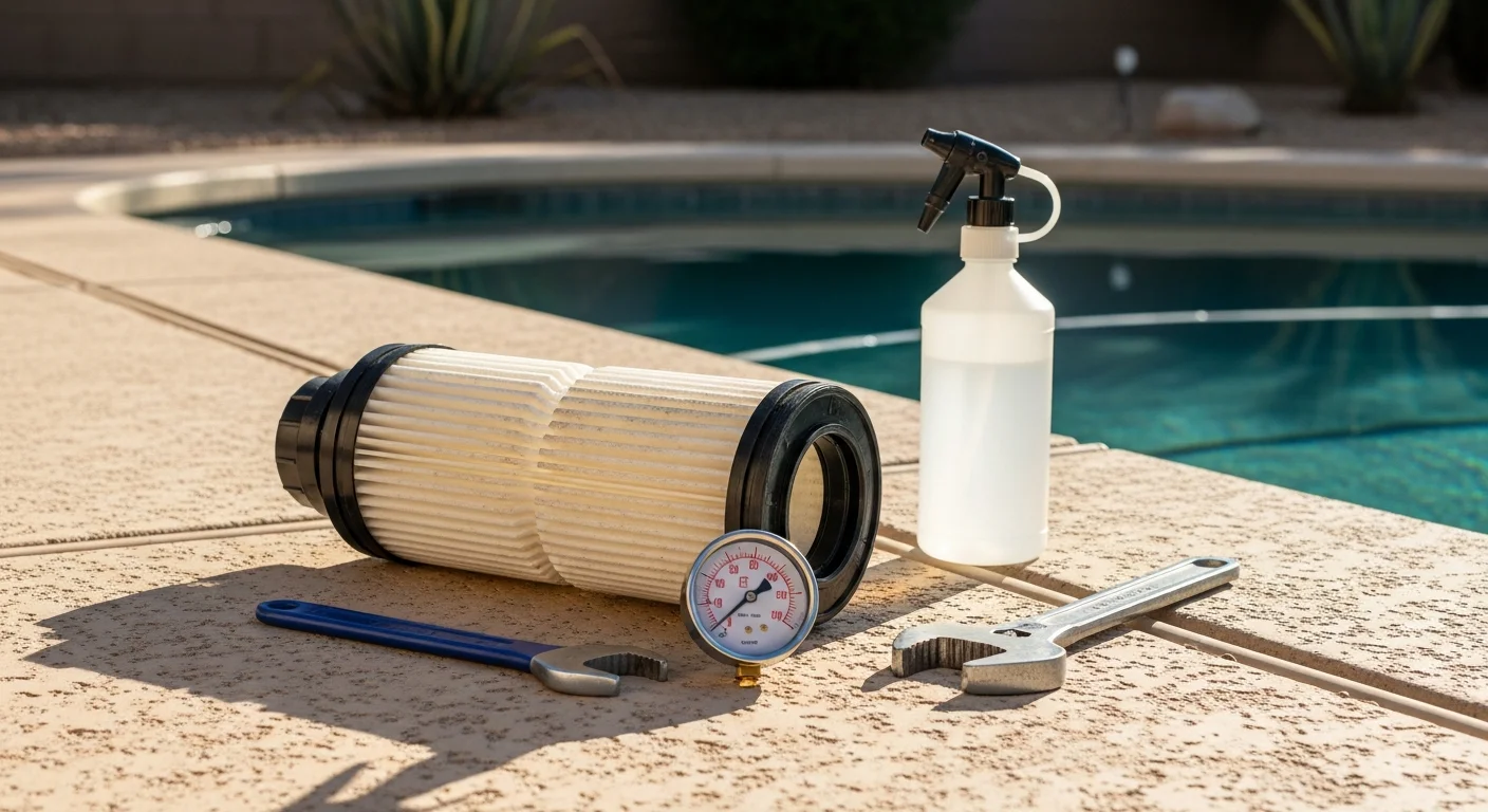 A pool service technician cleaning a cartridge pool filter beside a clear backyard pool in Goodyear, Arizona. The filter housing is open and the cartridge is being rinsed, with a bright desert sky visible in the background.