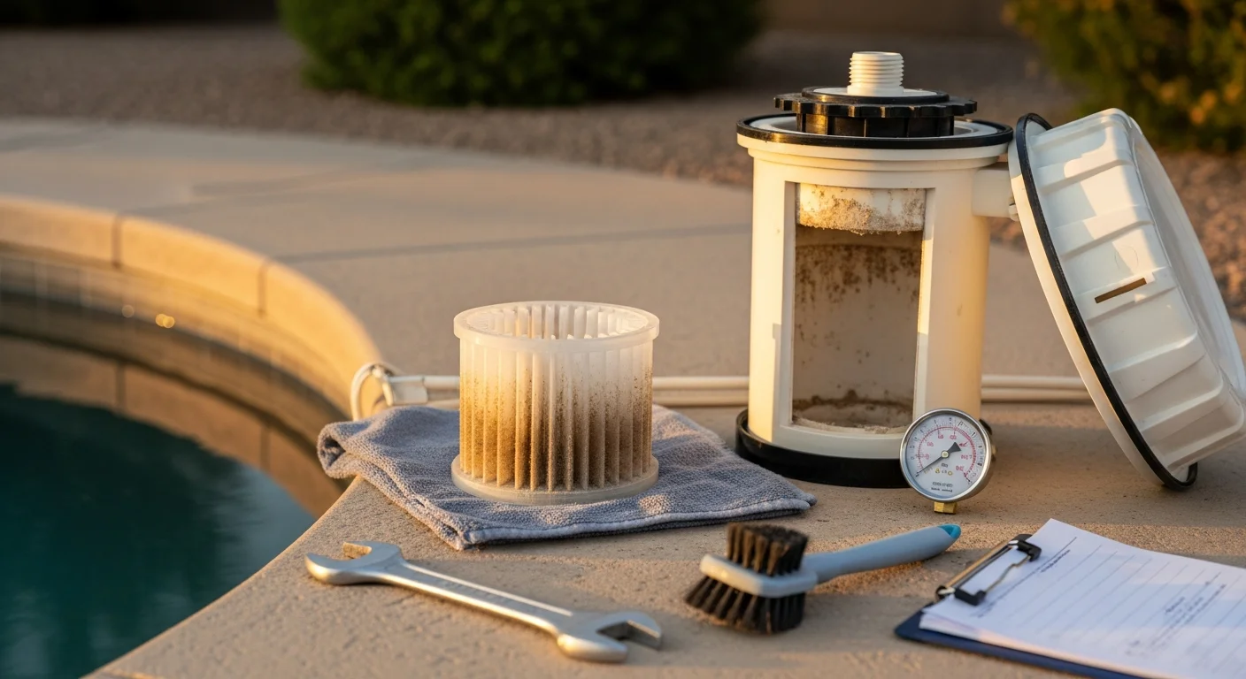 A pool filter housing opened for inspection beside a residential pool in Goodyear, AZ, showing a technician examining the filter cartridge for calcium buildup and wear. The backyard setting reflects a typical Goodyear desert landscape with a clear blue pool in the background.