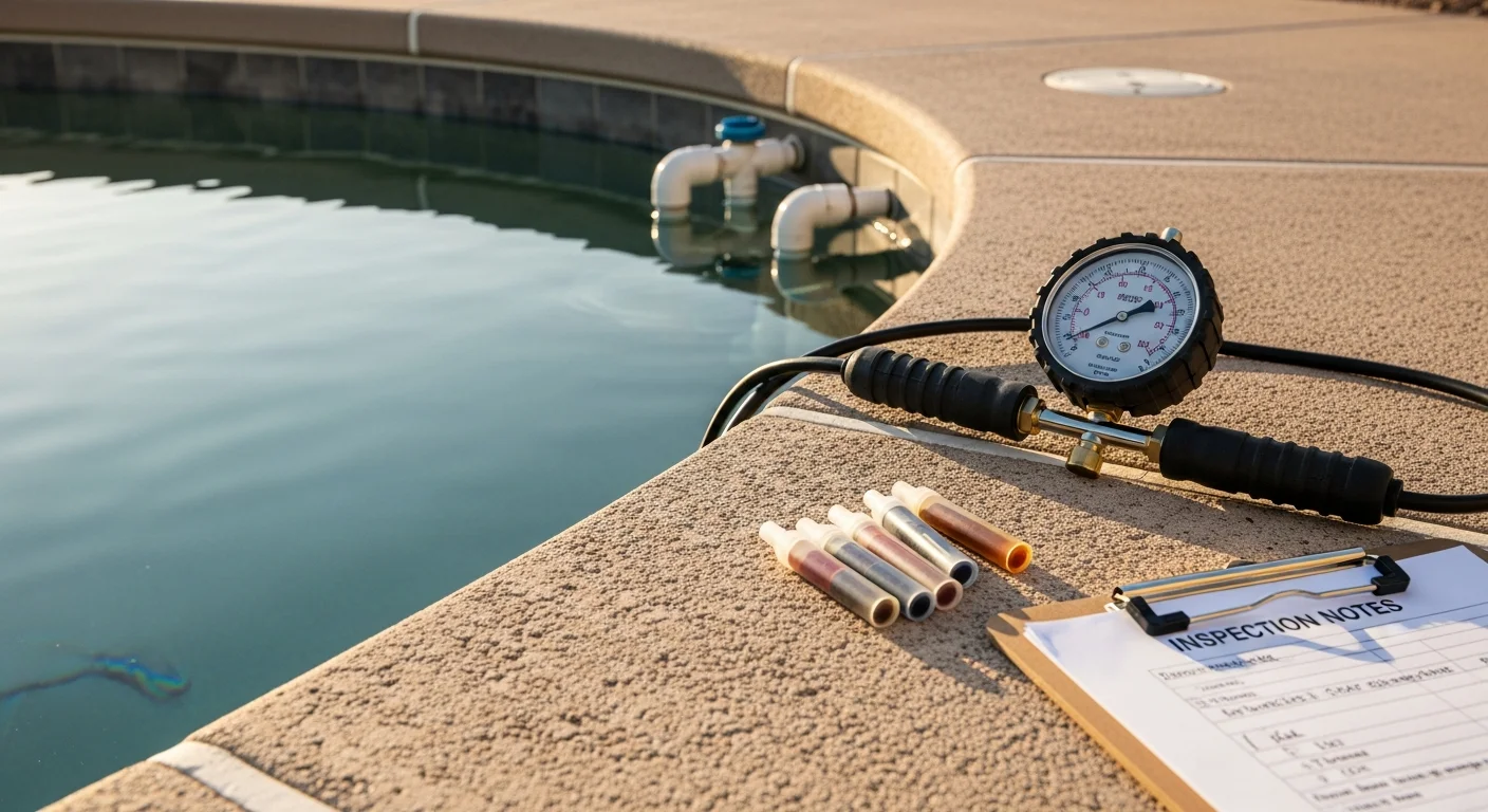 A pool repair technician performing dye testing along the fittings of an in-ground pool in a Goodyear, Arizona backyard. The pool deck and surrounding desert landscaping are visible in the background.