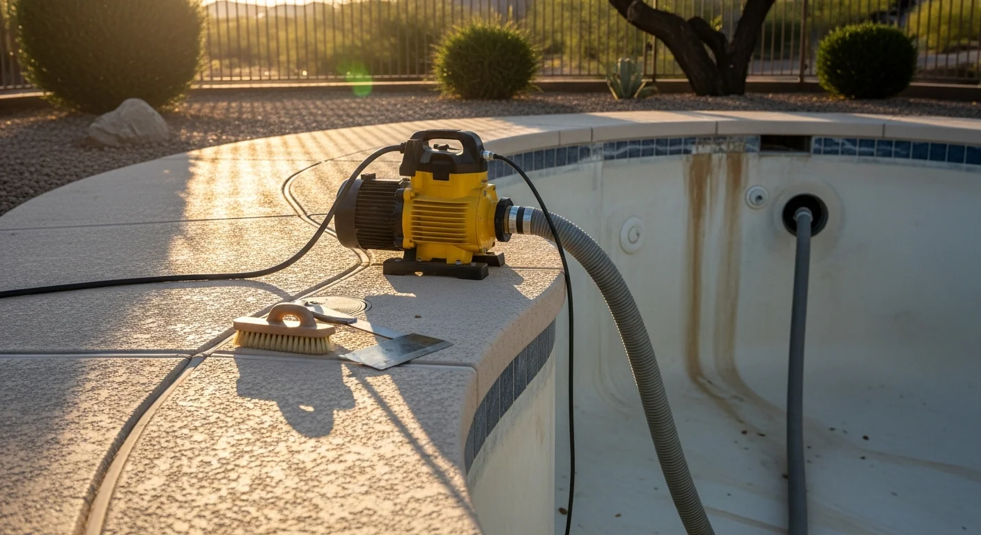 A fully drained residential pool in Goodyear, AZ with visible calcium scaling along the waterline and bare plaster walls ready for cleaning. A pool technician in work attire inspects the pool shell from the deck.