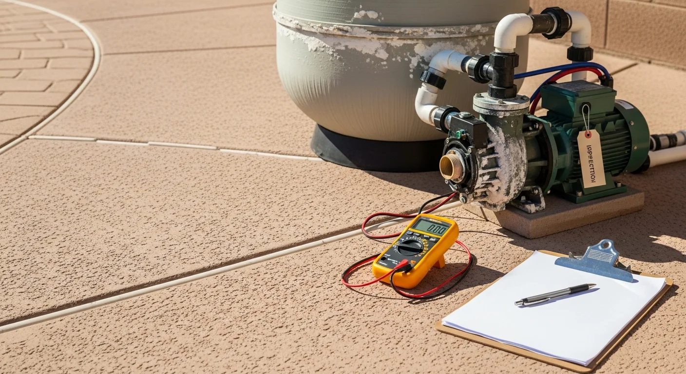 A pool equipment pad in a Goodyear, AZ backyard showing a pump, filter, and heater being inspected by a pool technician. The desert landscape and block wall fence are visible in the background.
