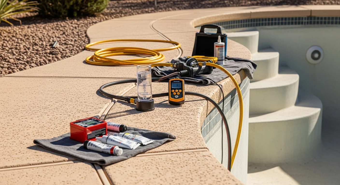 A pool technician inspecting the skimmer and waterline of a residential in-ground pool in a Goodyear, Arizona backyard. The pool shell and surrounding deck show the dry desert landscape typical of the West Valley.