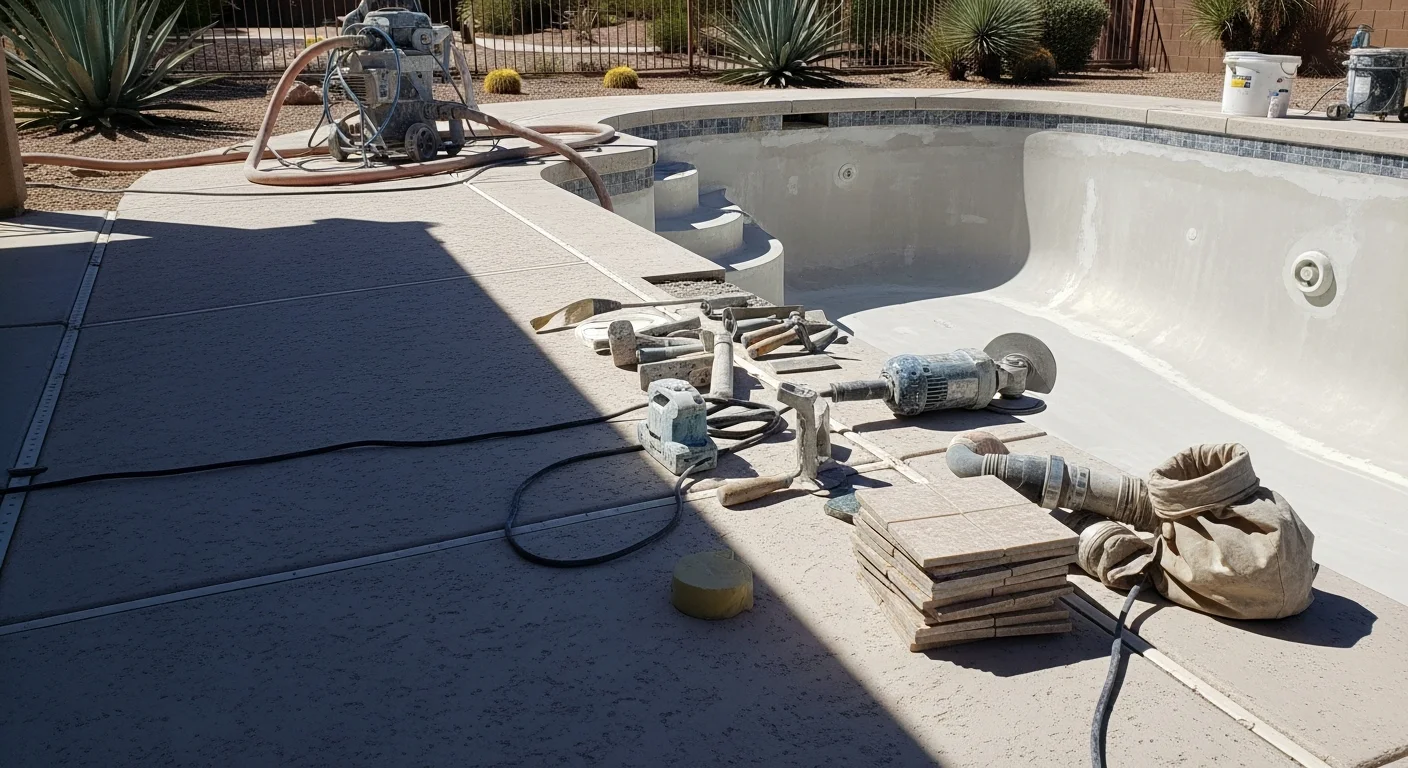 A freshly resurfaced residential pool with new tile coping in a Goodyear, Arizona backyard, showing clean water and updated pool deck under bright desert sunlight. The renovation reflects work typical of Hardy's Pool Care pool remodeling service in Goodyear.