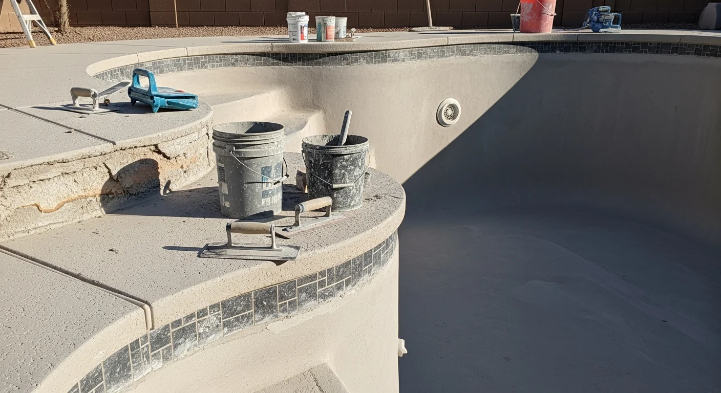A freshly resurfaced residential pool in Goodyear, Arizona showing a smooth, evenly finished interior surface with clean water and no visible staining or cracks. The pool sits in a desert backyard under bright Arizona sunlight.