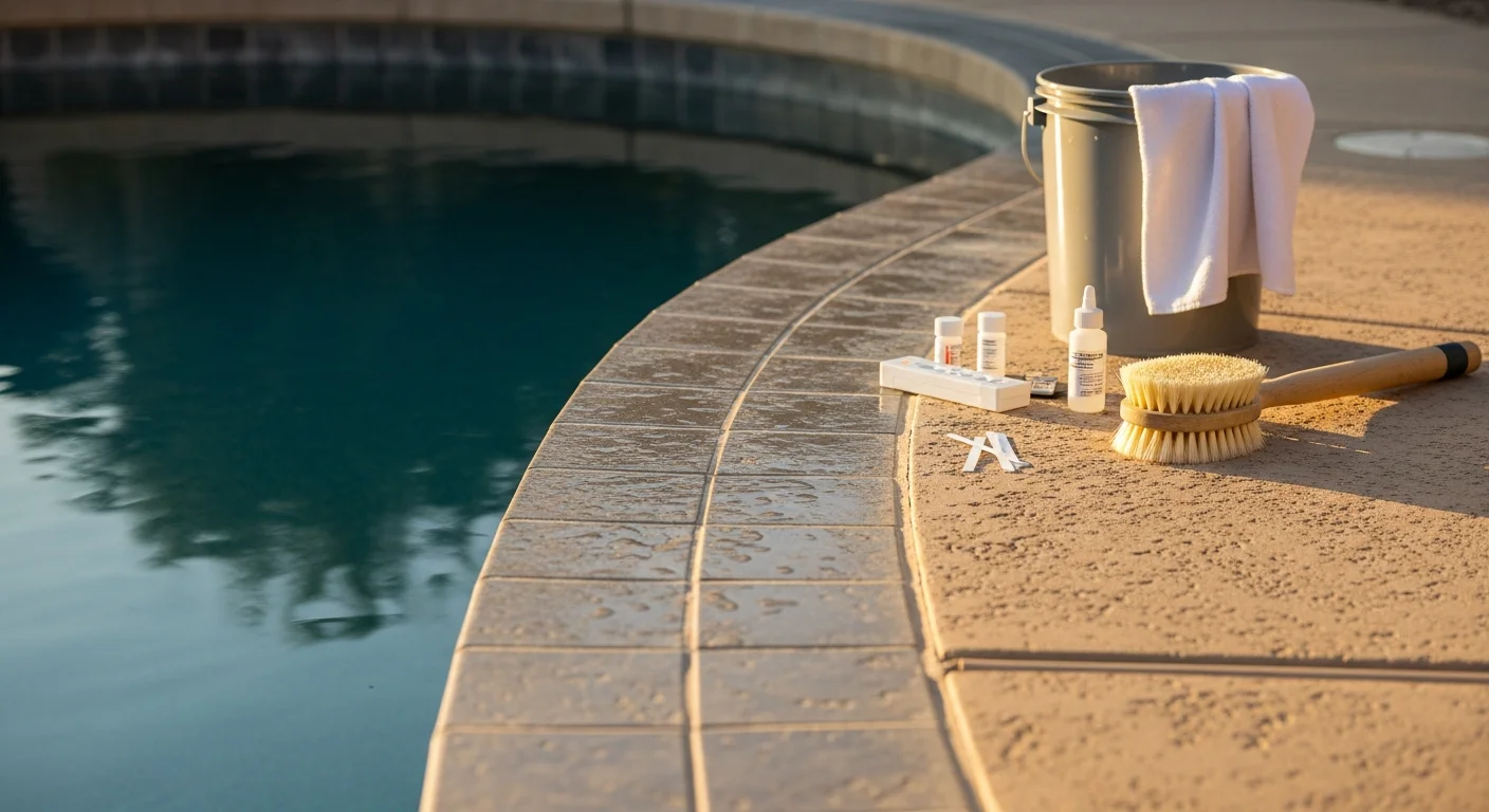 Close-up of a Goodyear residential pool waterline tile before and after professional calcium scale removal, showing clean, bright tile free of white mineral buildup. A pool technician from Hardy's Pool Care works along the tile line of an outdoor pool under clear Arizona skies.