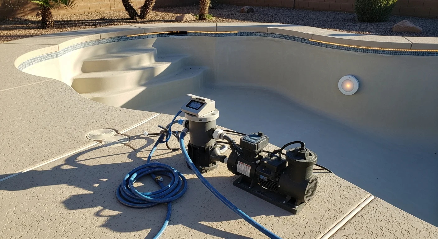 A resurfaced backyard pool in Goodyear, Arizona with updated water features and LED lighting reflecting off a smooth pebble interior finish. The surrounding deck shows clean, heat-resistant pavers under a clear desert sky.
