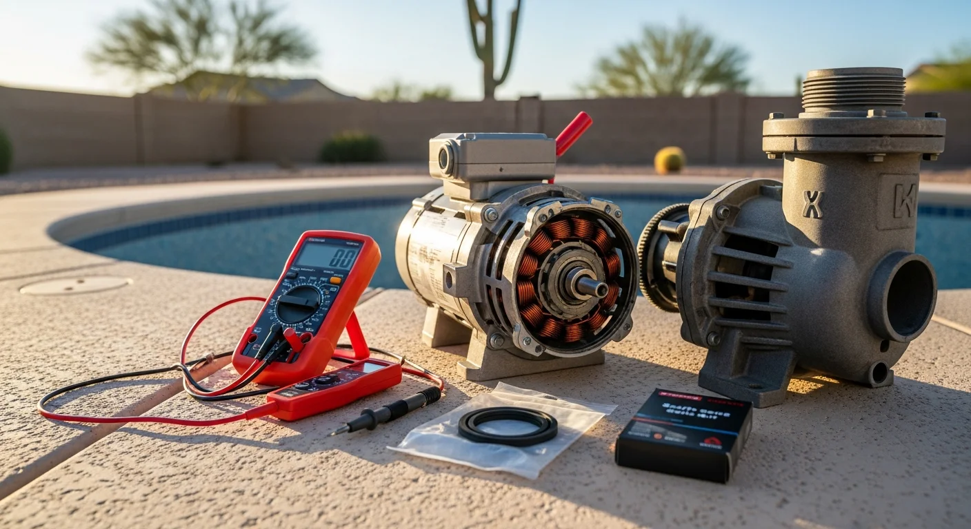 A pool pump and motor assembly at a Goodyear residential equipment pad, showing a technician inspecting the shaft seal and pump housing during a repair visit. The backyard pool is visible in the background under clear Arizona sun.
