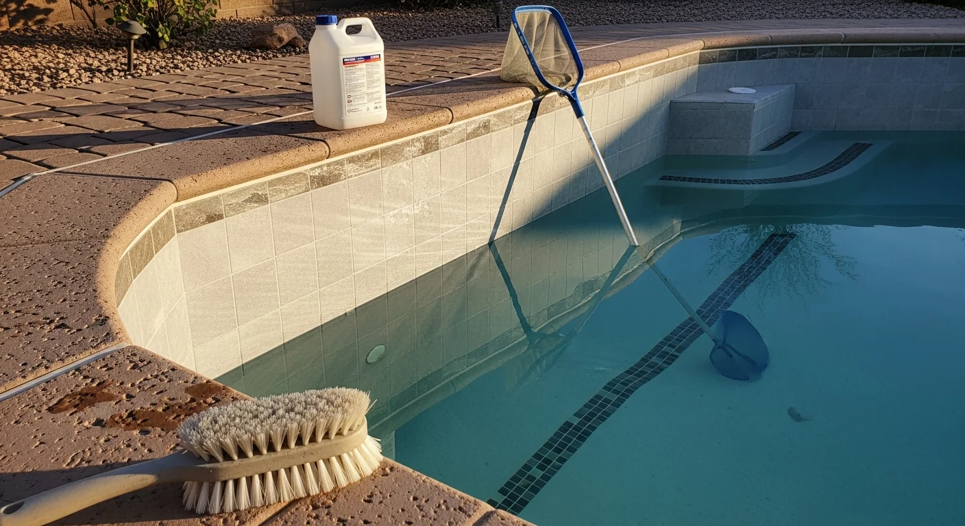 A Goodyear pool technician treating dark stains along the plaster walls and tile line of a backyard swimming pool. The before-and-after view shows discolored calcium buildup removed from the waterline, leaving clean, white tile and clear water.