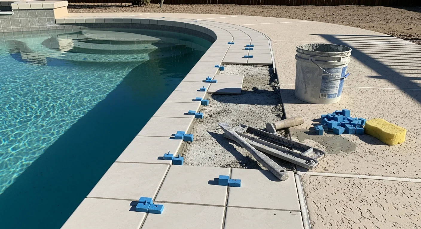 Close-up of a freshly tiled pool waterline at a Goodyear residential pool, showing clean grout lines and uniform tile along the pool edge. The surrounding pool deck and blue water are visible in the background.