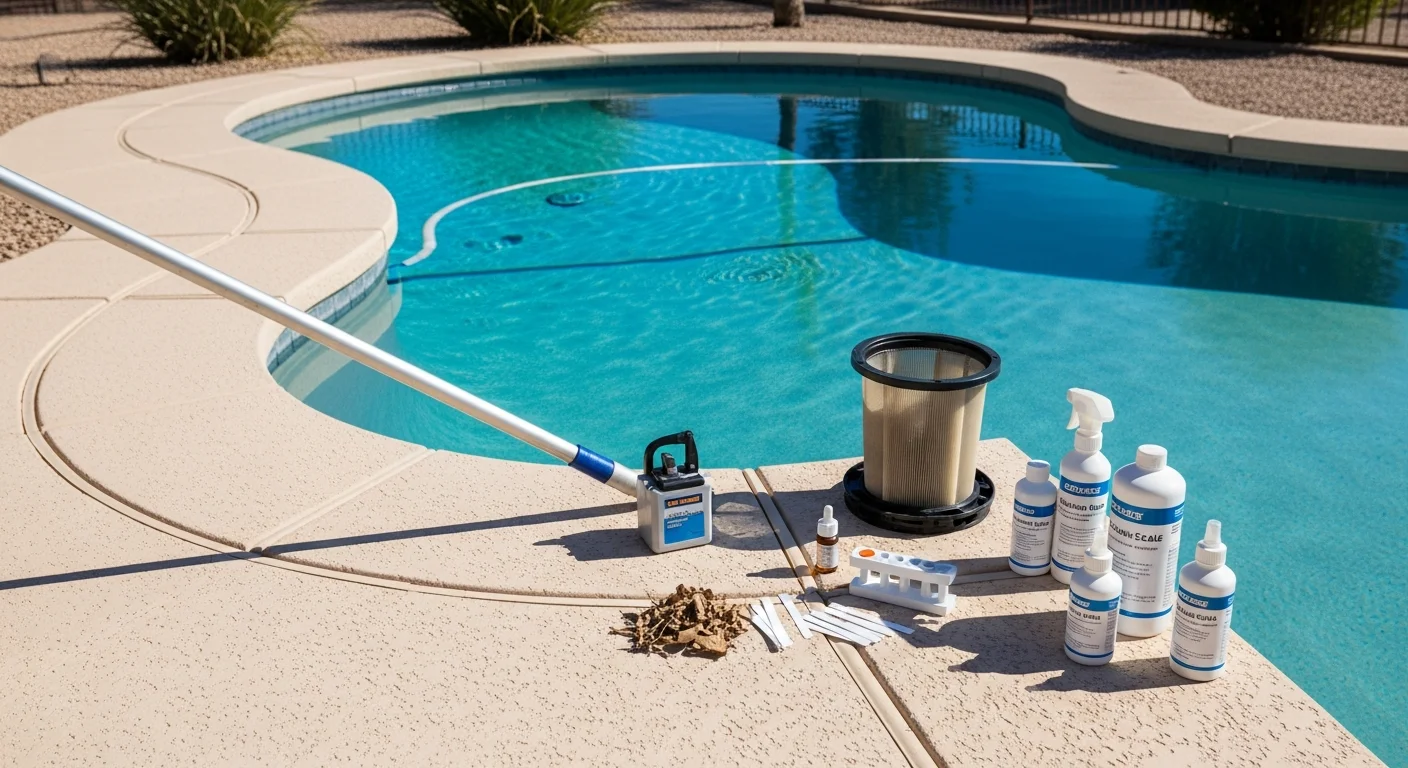 A Hardy's Pool Care technician testing water chemistry at a residential pool in Goodyear, Arizona, with a clear blue pool and desert landscaping visible in the background. The technician holds a water testing kit poolside during a routine weekly service visit.